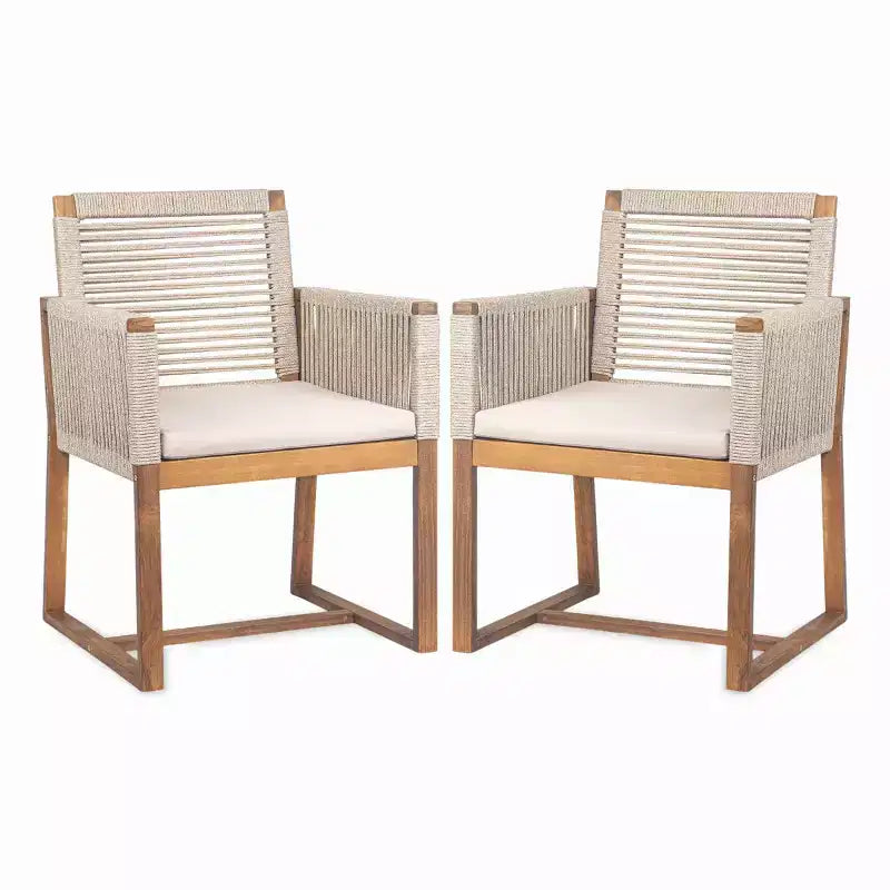 7-Piece Acacia Wood Outdoor Dining Set with Cushions, Patio Dining Set with 6 Rope-Woven Chairs and Large Table for Backyard, Deck-Panipeachy