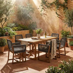 7-Piece Acacia Wood Outdoor Dining Set with Cushions, Patio Dining Set with 6 Rope-Woven Chairs and Large Table for Backyard, Deck-Panipeachy