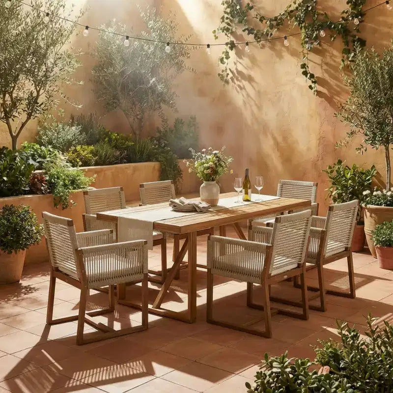 7-teilige Essgruppe aus Akazienholz für den Außenbereich mit Sitzkissen, Terrassen-Essgruppe mit 6 stuhlgeflochtenen Seilstühlen und großem Tisch für Garten und Terrasse, Deck-Panipeachy