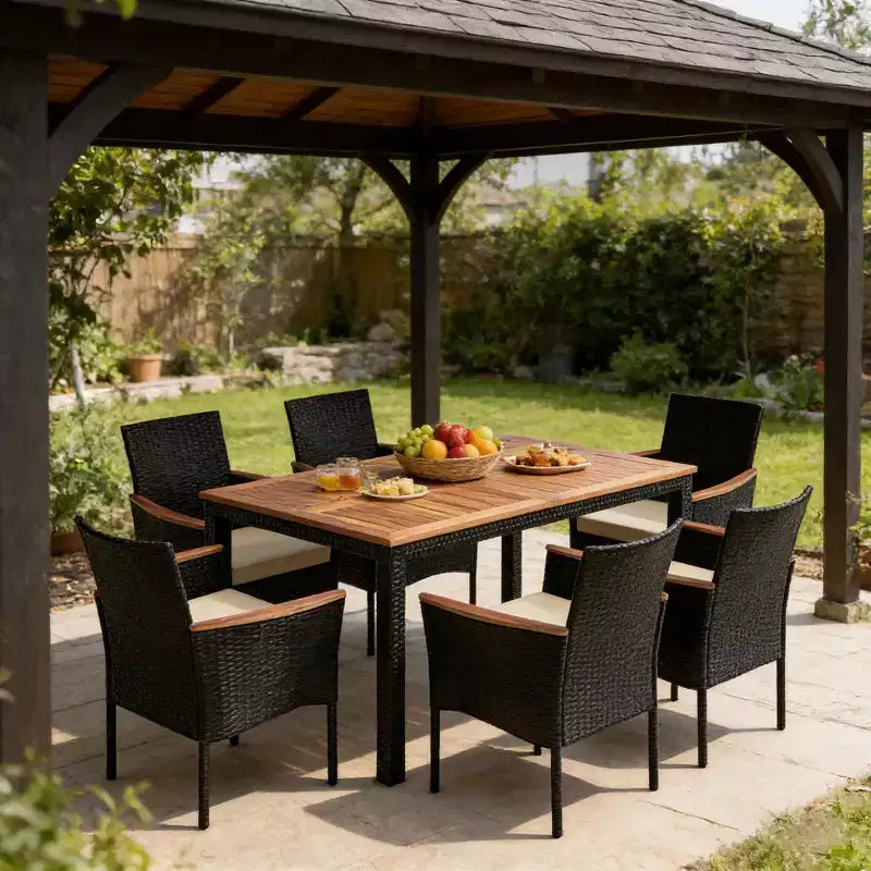 Gymax 7PCS Outdoor Patio Dining Set w/ Armrest Cushioned Chairs Acacia Wood Surface Umbrella Hole for Garden Backyard Poolside