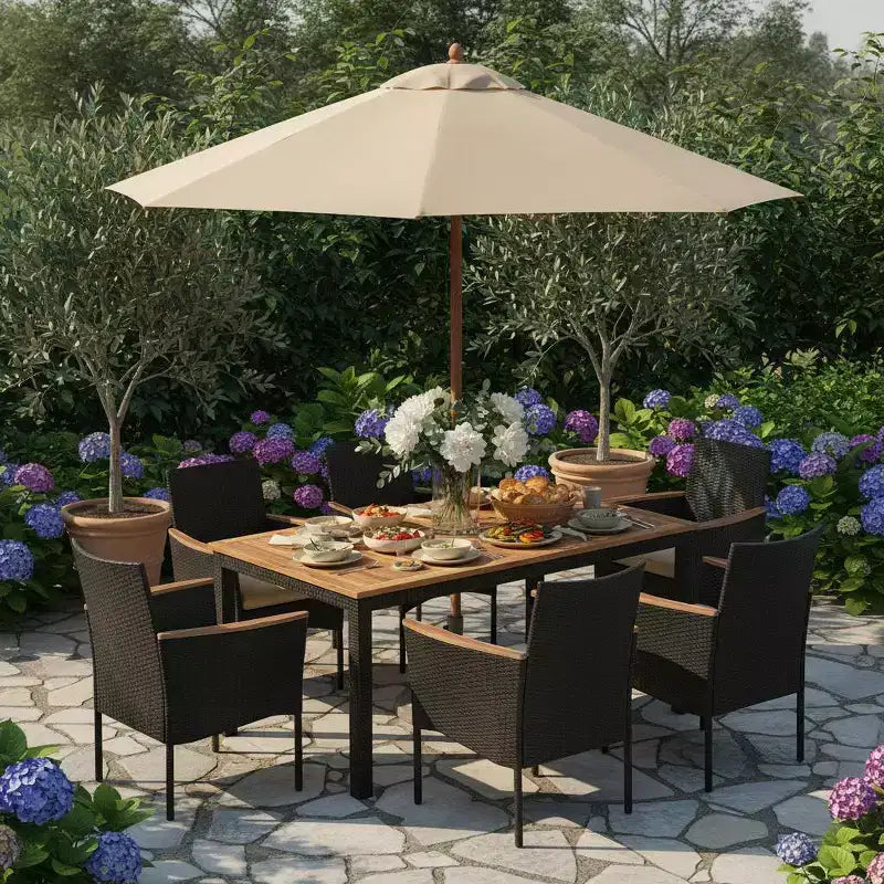Gymax 7PCS Outdoor Patio Dining Set w/ Armrest Cushioned Chairs Acacia Wood Surface Umbrella Hole for Garden Backyard Poolside