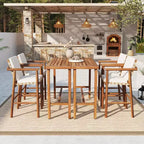 6-Piece Patio Bar Dining Set, 2 Counter-Height Acacia Wood Tables with 4 Cushioned Outdoor Stools for Backyard & Poolside-Panipeachy