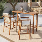 3-Piece Outdoor Counter Height Bar Dining Sets, Acacia Wood Patio Table & 2 Cushioned Stools for Backyard, Poolside, Balcony-Panipeachy