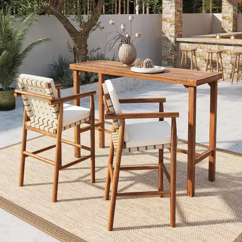 3-teiliges Outdoor-Bartischset in Thekenhöhe, Terrassentisch aus Akazienholz und 2 gepolsterte Hocker für Hinterhof, Poolbereich oder Balkon-Panipeachy