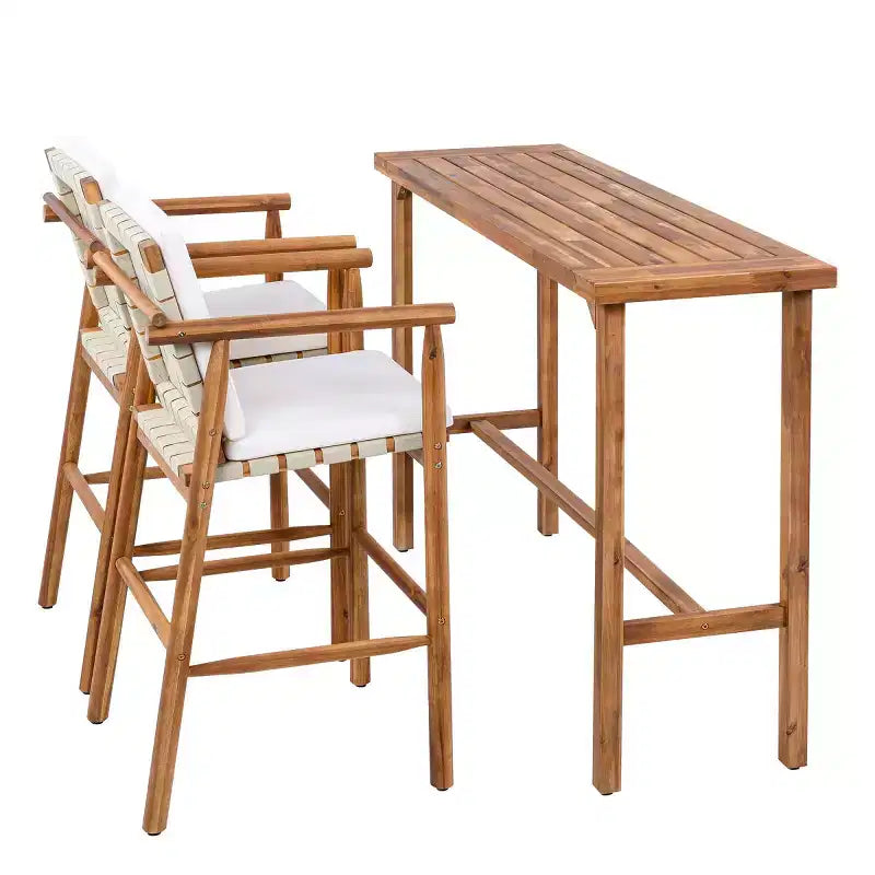 3-Piece Outdoor Counter Height Bar Dining Sets, Acacia Wood Patio Table & 2 Cushioned Stools for Backyard, Poolside, Balcony-Panipeachy