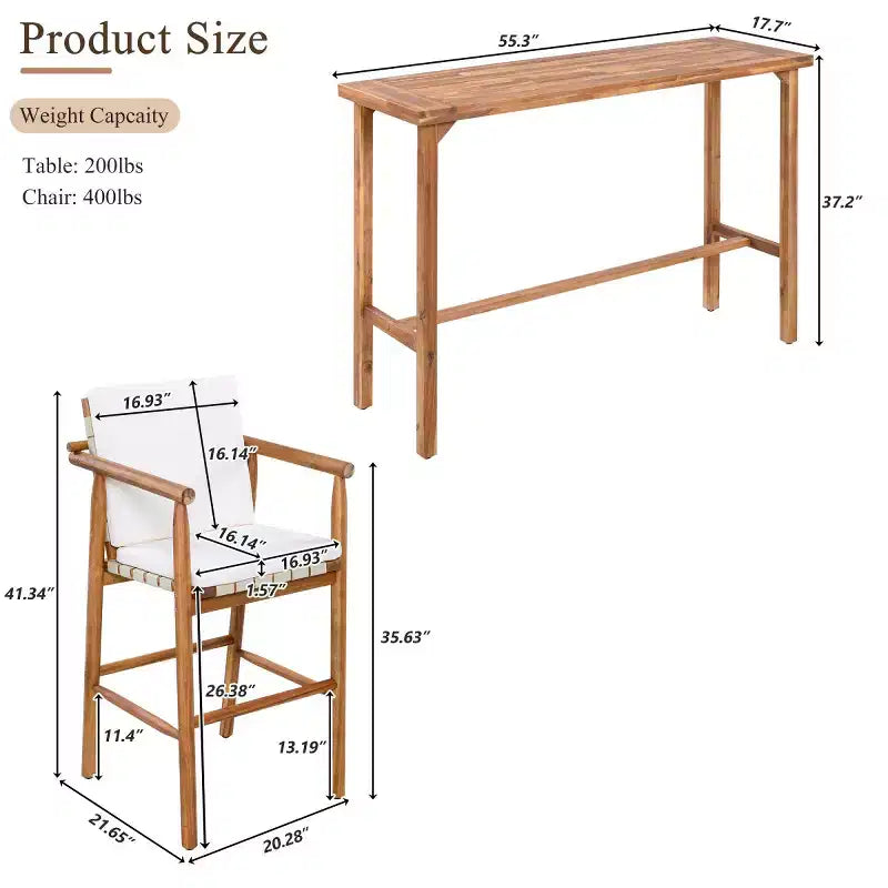 3-Piece Outdoor Counter Height Bar Dining Sets, Acacia Wood Patio Table & 2 Cushioned Stools for Backyard, Poolside, Balcony-Panipeachy