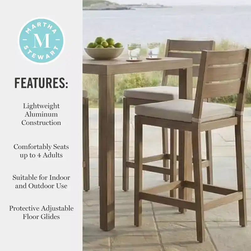 Martha Stewart Bedford 3 Piece Aluminum Patio Set, 2 Bar Stools with Cushions, 35.5 Square Patio Table