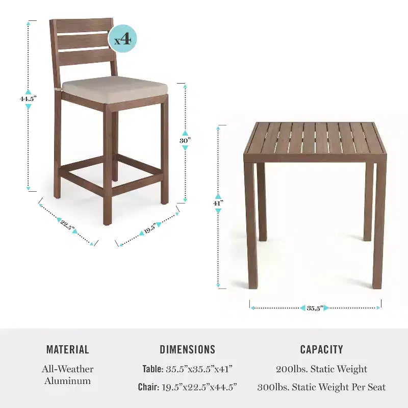 Martha Stewart Bedford 3 Piece Aluminum Patio Set, 2 Bar Stools with Cushions, 35.5 Square Patio Table