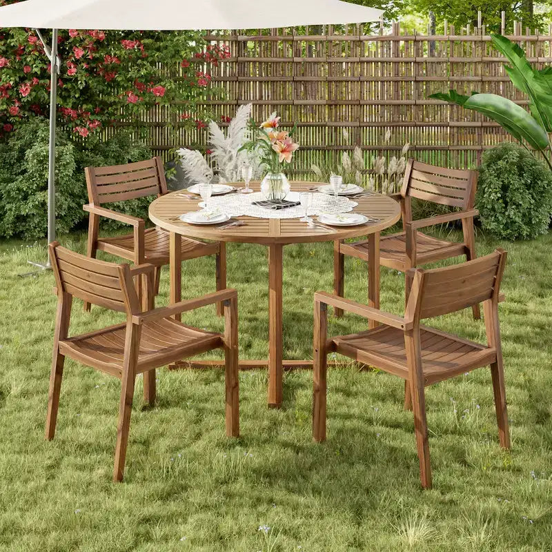 GDFStudio Saul 5 Piece Acacia Wood Outdoor Dining Set with 47.2 Round Slatted Table and Ergonomic Chairs