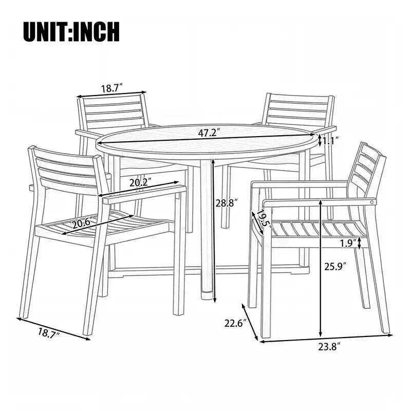 GDFStudio Saul 5 Piece Acacia Wood Outdoor Dining Set with 47.2 Round Slatted Table and Ergonomic Chairs