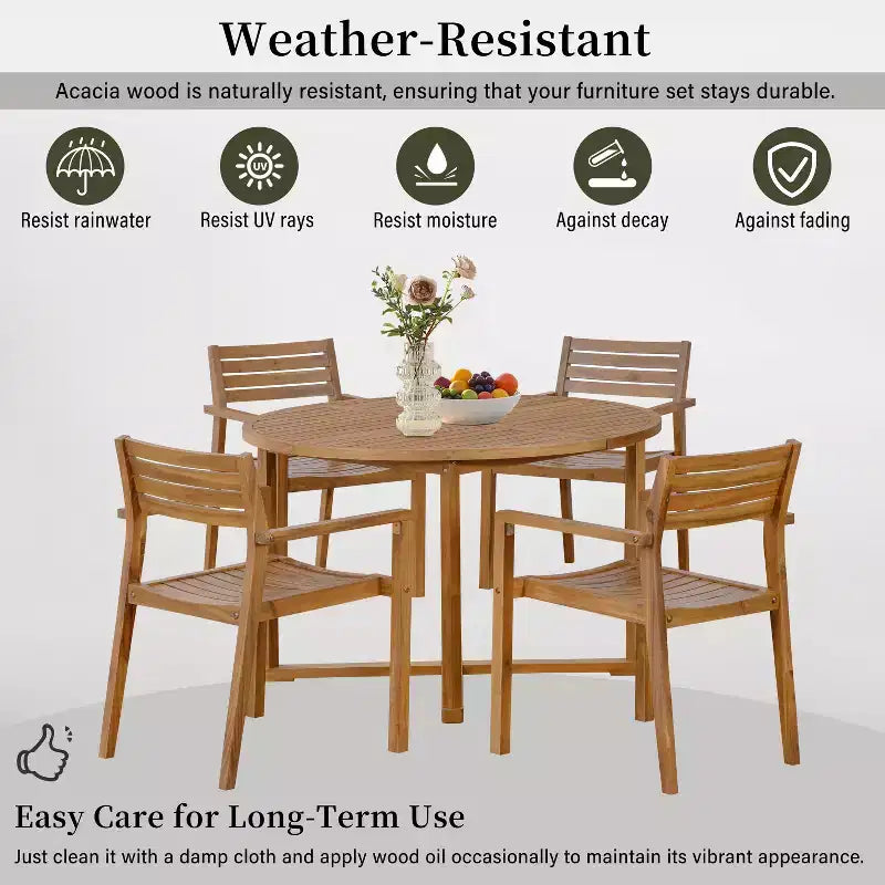 GDFStudio Saul 5 Piece Acacia Wood Outdoor Dining Set with 47.2 Round Slatted Table and Ergonomic Chairs