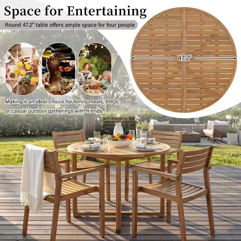 GDFStudio Saul 5 Piece Acacia Wood Outdoor Dining Set with 47.2 Round Slatted Table and Ergonomic Chairs