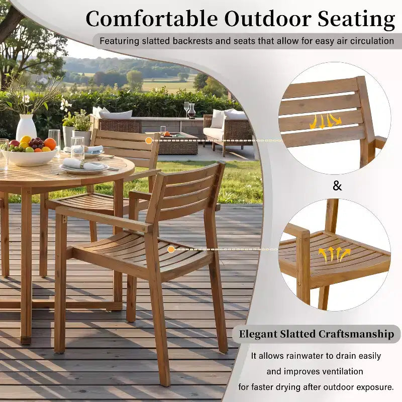 GDFStudio Saul 5 Piece Acacia Wood Outdoor Dining Set with 47.2 Round Slatted Table and Ergonomic Chairs
