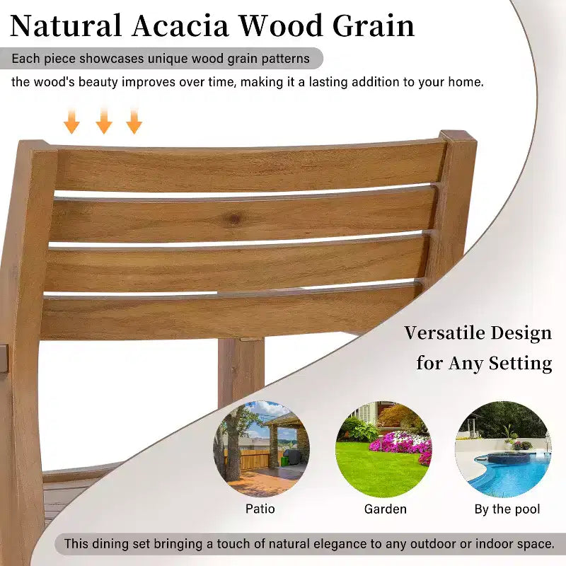 GDFStudio Saul 5 Piece Acacia Wood Outdoor Dining Set with 47.2 Round Slatted Table and Ergonomic Chairs