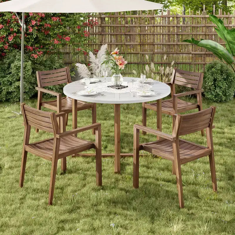 GDFStudio Saul 5 Piece Acacia Wood Outdoor Dining Set with 47.2 Round Slatted Table and Ergonomic Chairs