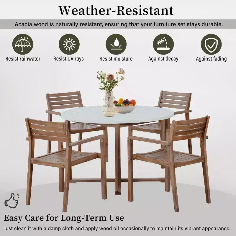GDFStudio Saul 5 Piece Acacia Wood Outdoor Dining Set with 47.2 Round Slatted Table and Ergonomic Chairs