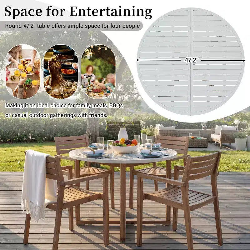 GDFStudio Saul 5 Piece Acacia Wood Outdoor Dining Set with 47.2 Round Slatted Table and Ergonomic Chairs