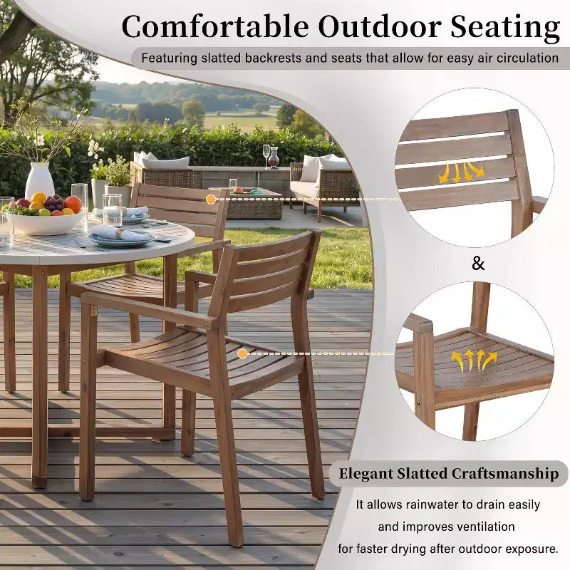 GDFStudio Saul 5 Piece Acacia Wood Outdoor Dining Set with 47.2 Round Slatted Table and Ergonomic Chairs