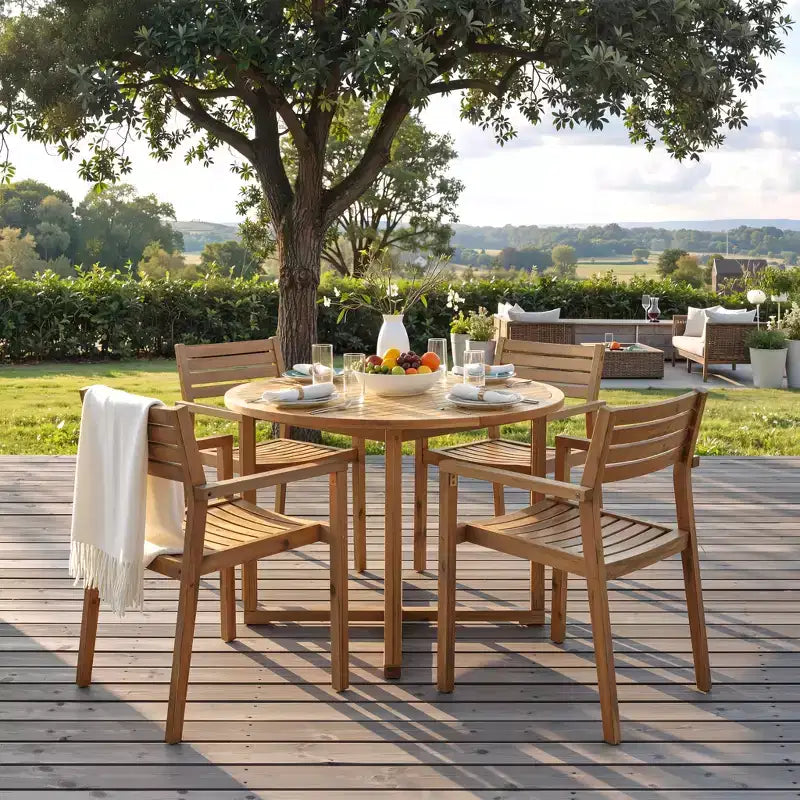 GDFStudio Saul 5-teiliges Outdoor-Esszimmer-Set aus Akazienholz mit 47.2 rundem Lamellentisch und ergonomischen Stühlen