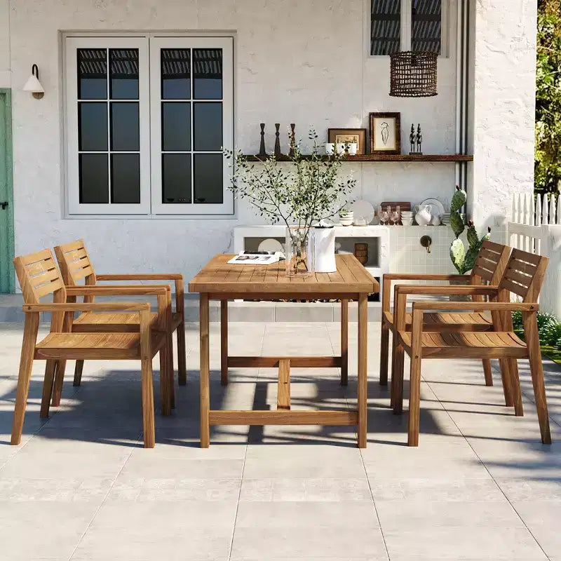 GDFStudio Lena 5 Piece Acacia Wood Outdoor Dining Set with 59 Rectangular Table and Umbrella Hole
