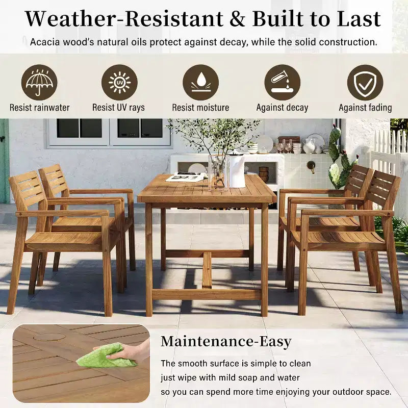 GDFStudio Lena 5 Piece Acacia Wood Outdoor Dining Set with 59 Rectangular Table and Umbrella Hole