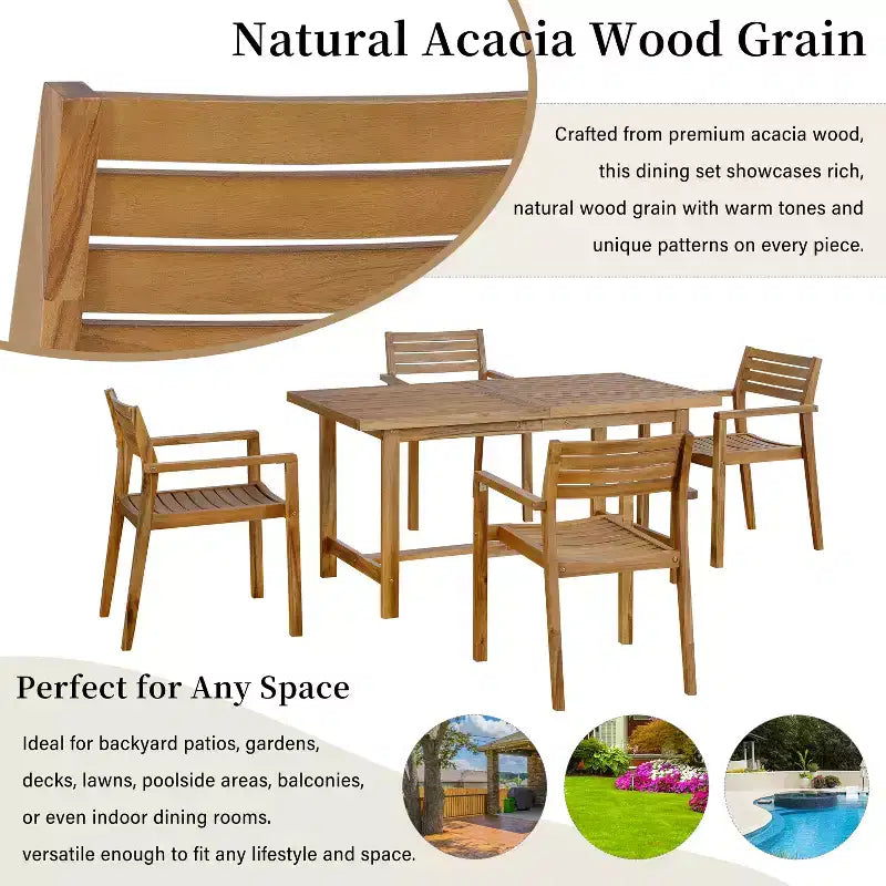 GDFStudio Lena 5 Piece Acacia Wood Outdoor Dining Set with 59 Rectangular Table and Umbrella Hole