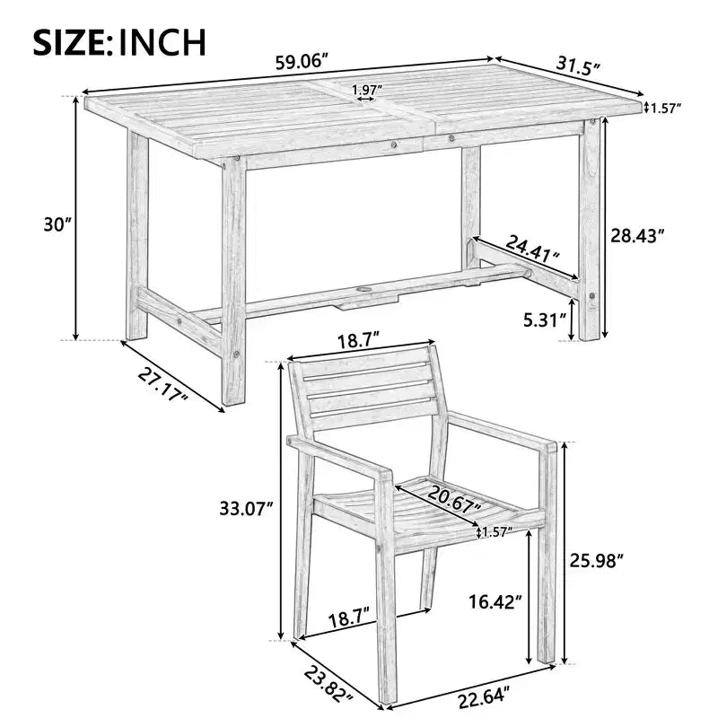 GDFStudio Lena 5 Piece Acacia Wood Outdoor Dining Set with 59 Rectangular Table and Umbrella Hole