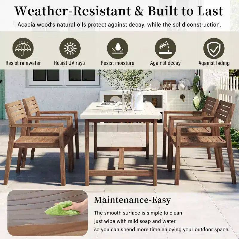 GDFStudio Lena 5 Piece Acacia Wood Outdoor Dining Set with 59 Rectangular Table and Umbrella Hole