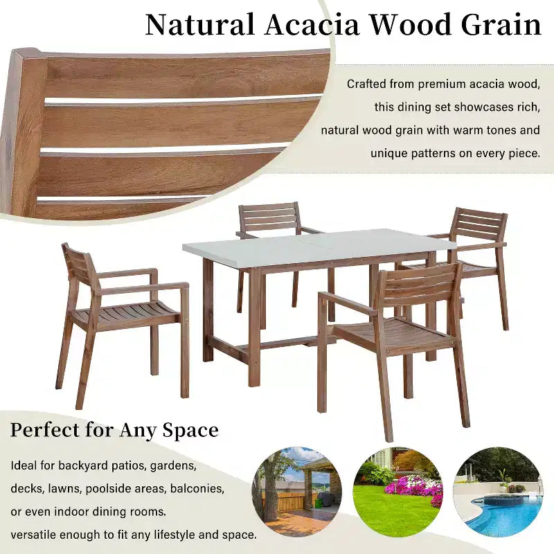 GDFStudio Lena 5 Piece Acacia Wood Outdoor Dining Set with 59 Rectangular Table and Umbrella Hole
