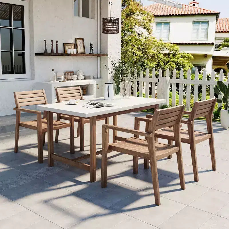 GDFStudio Lena 5 Piece Acacia Wood Outdoor Dining Set with 59 Rectangular Table and Umbrella Hole