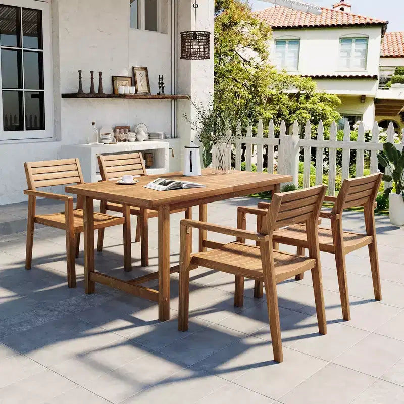GDFStudio Lena 5-teiliges Outdoor-Ess-Set aus Akazienholz mit rechteckigem 59-Tisch und Sonnenschirmöffnung