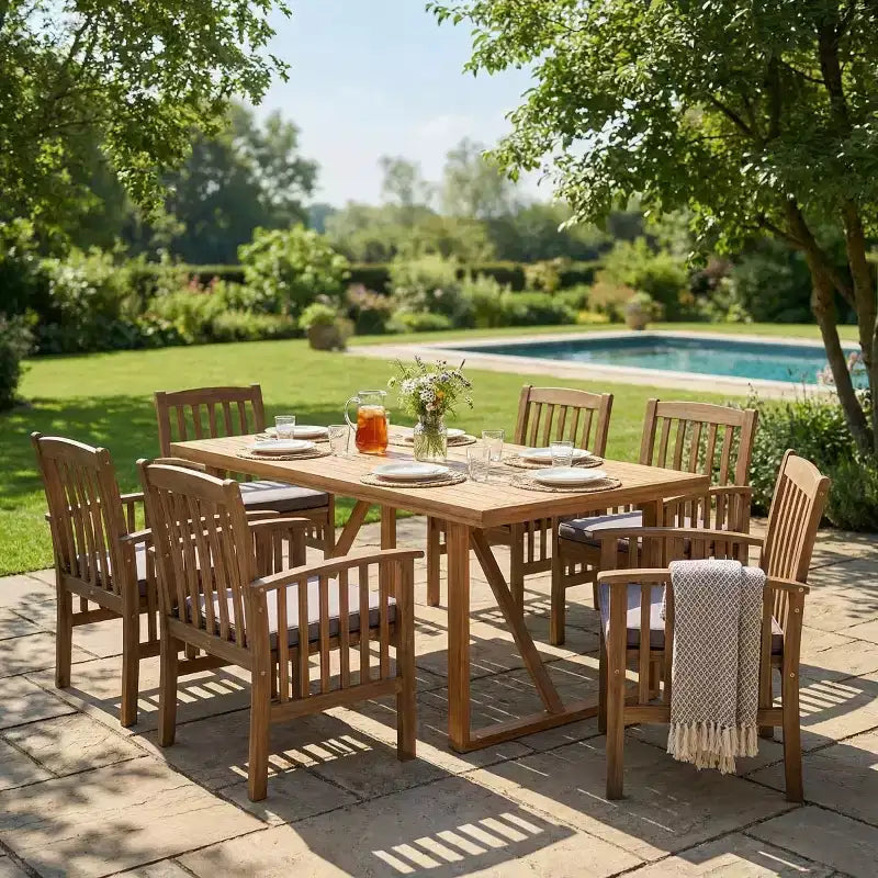 7-teiliges Ess-Set aus Akazienholz für den Außenbereich, moderner rechteckiger Tisch mit 6 gepolsterten Stühlen für Terrasse, Garten, Veranda und Poolbereich-Panipeachy
