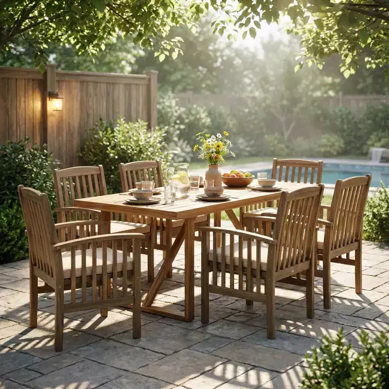 7-teiliges Ess-Set aus Akazienholz für den Außenbereich, moderner rechteckiger Tisch mit 6 gepolsterten Stühlen für Terrasse, Garten, Veranda und Poolbereich-Panipeachy