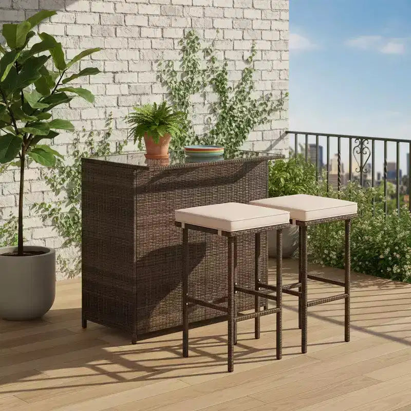 Gymax 3PCS Outdoor Bar Set 39 Rectangular Bar Table w/ 2 Soft Padded Stools Removable Cushions Tempered Glass Tabletop & 2 Storage Shelves Beige/Red