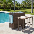 Gymax 3PCS Outdoor Bar Set 39 Rectangular Bar Table w/ 2 Soft Padded Stools Removable Cushions Tempered Glass Tabletop & 2 Storage Shelves Beige/Red