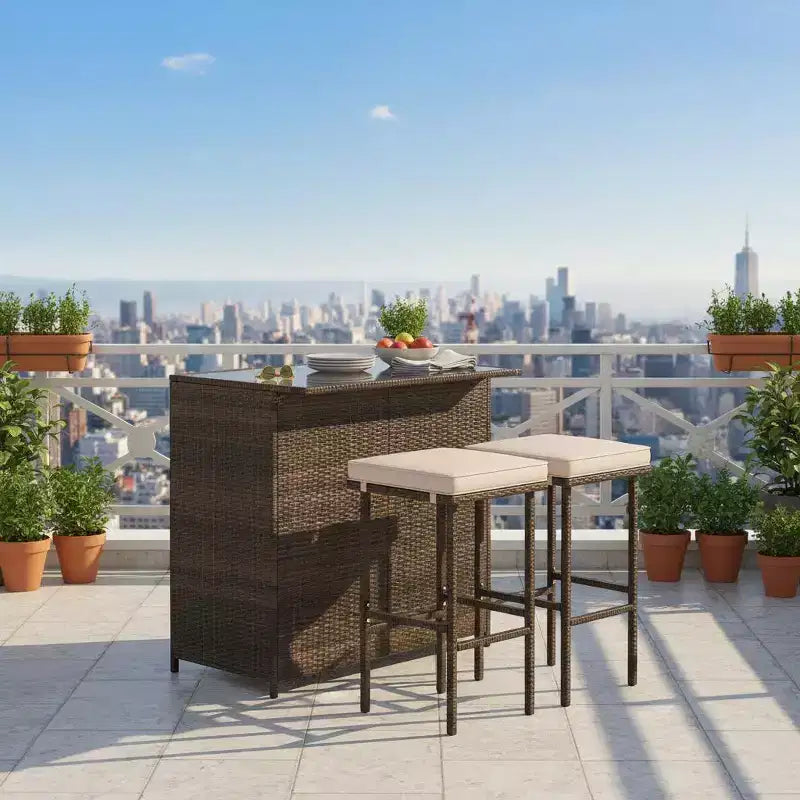 Gymax 3PCS Outdoor Bar Set 39 Rectangular Bar Table w/ 2 Soft Padded Stools Removable Cushions Tempered Glass Tabletop & 2 Storage Shelves Beige/Red