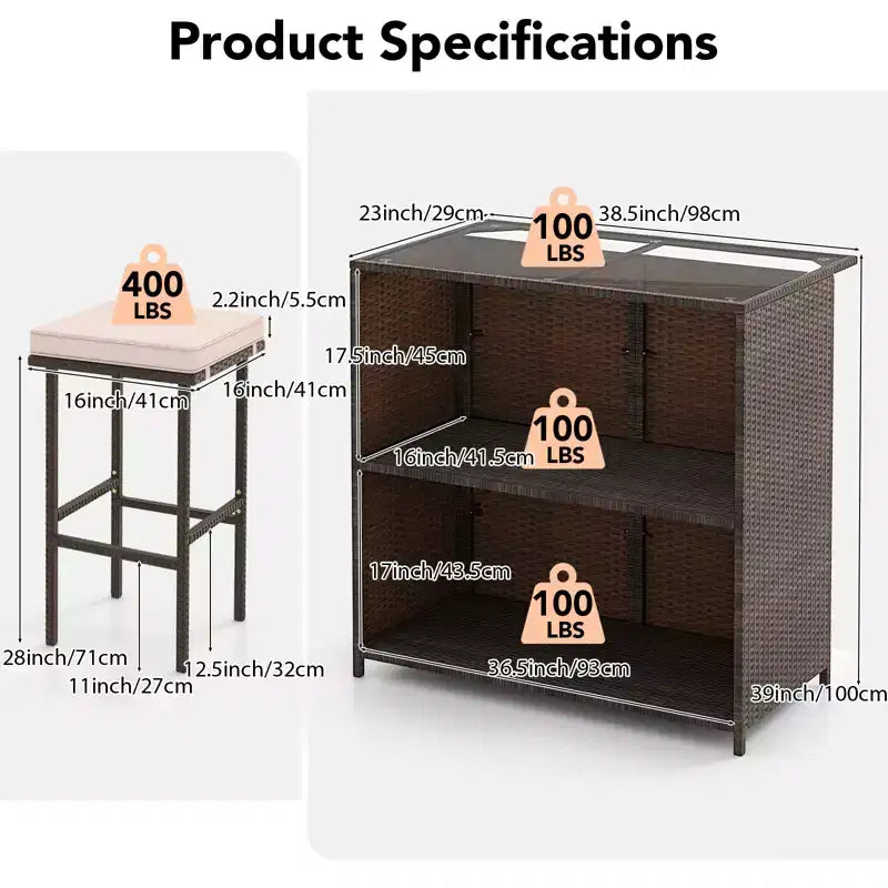 Gymax 3PCS Outdoor Bar Set 39 Rectangular Bar Table w/ 2 Soft Padded Stools Removable Cushions Tempered Glass Tabletop & 2 Storage Shelves Beige/Red