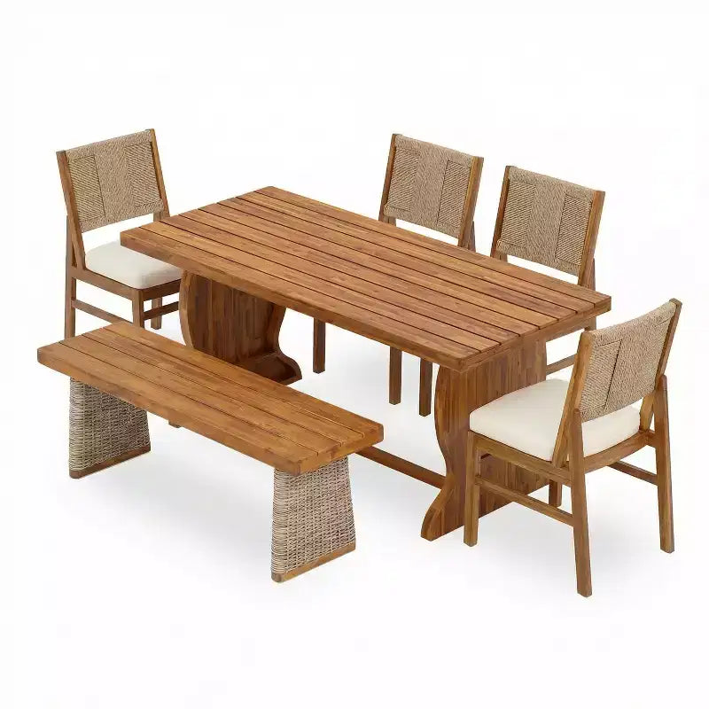 Christopher Knight Home Zola Modern 6 Piece Patio Acacia Dining Chairs with Wicker Backrest and Slatted Table Set