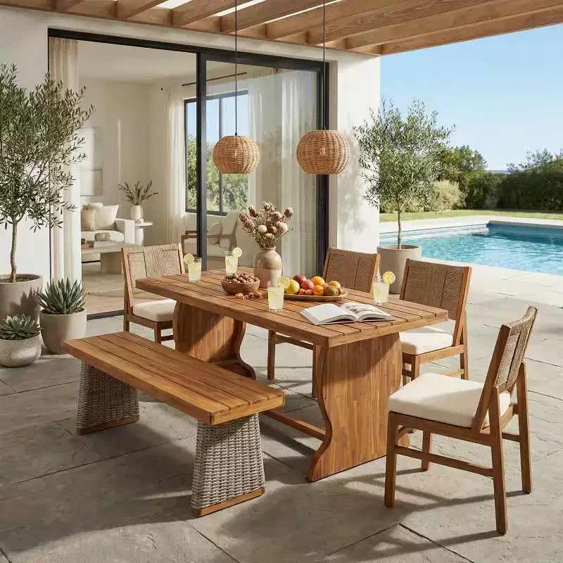 Christopher Knight Home Zola modernes 6-teiliges Akazien-Esszimmerset für die Terrasse mit Geflecht-Rückenlehnen und Tisch mit Lattenplatte