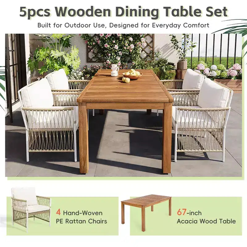 5/7PCS Outdoor Dining Set Patio Dining Furniture Set with 4/6 Rattan Arm Chairs & Weather-Resistant Acacia Wood Table, Natural - ModernLuxe