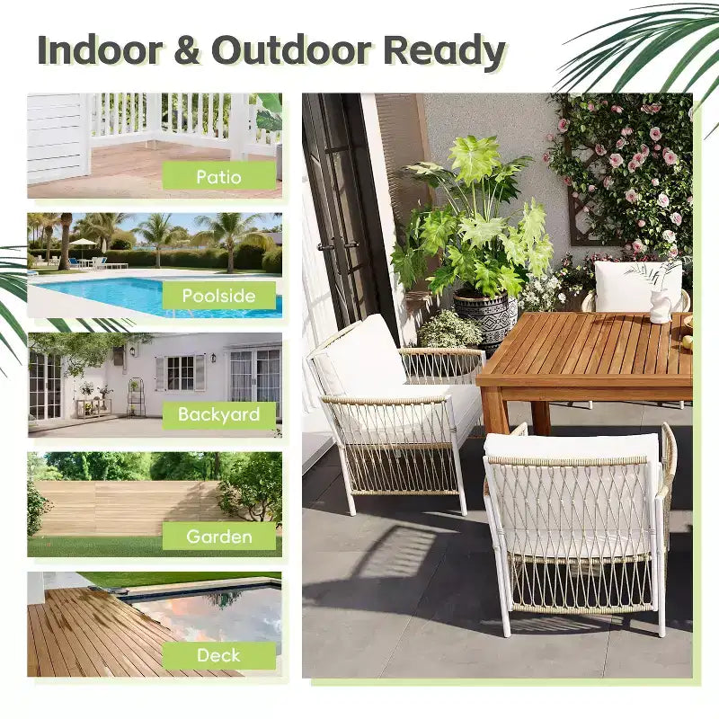 5/7PCS Outdoor Dining Set Patio Dining Furniture Set with 4/6 Rattan Arm Chairs & Weather-Resistant Acacia Wood Table, Natural - ModernLuxe