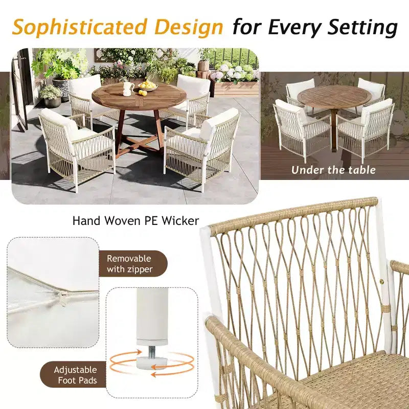 5/7PCS Outdoor Dining Set Patio Dining Furniture Set with 4/6 Rattan Arm Chairs & Weather-Resistant Acacia Wood Table, Natural - ModernLuxe