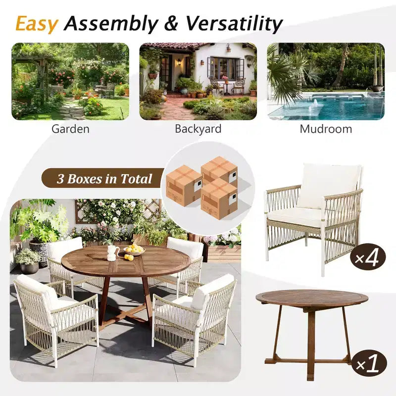 5/7PCS Outdoor Dining Set Patio Dining Furniture Set with 4/6 Rattan Arm Chairs & Weather-Resistant Acacia Wood Table, Natural - ModernLuxe