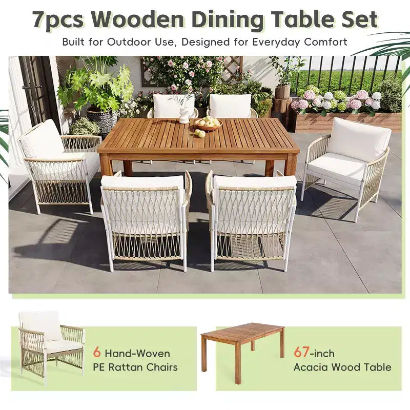 5/7PCS Outdoor Dining Set Patio Dining Furniture Set with 4/6 Rattan Arm Chairs & Weather-Resistant Acacia Wood Table, Natural - ModernLuxe