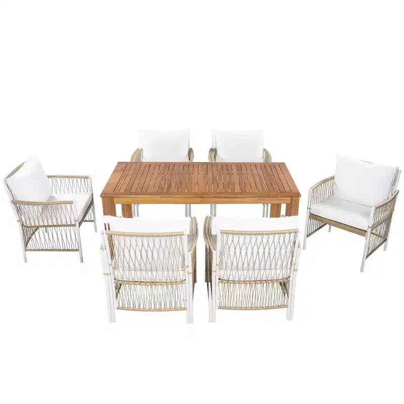 5/7PCS Outdoor Dining Set Patio Dining Furniture Set with 4/6 Rattan Arm Chairs & Weather-Resistant Acacia Wood Table, Natural - ModernLuxe