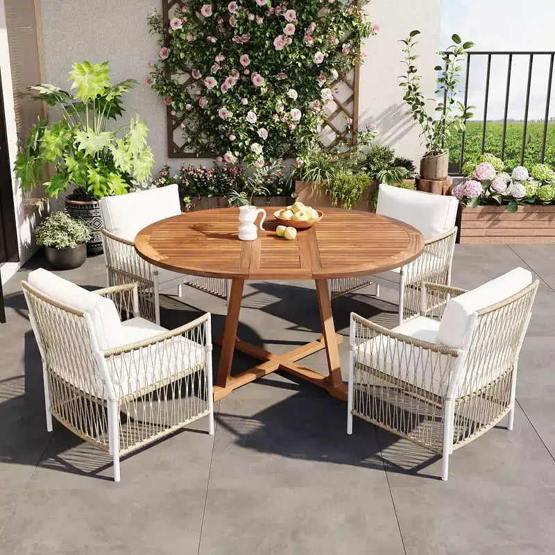 5/7-teiliges Essset für den Außenbereich, Gartenmöbelset mit 4/6 Rattan-Stühlen mit Armlehnen und wetterfestem Tisch aus Akazienholz, natur - ModernLuxe