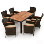 Gymax 7 PCS Patio Wicker Dining Set w/ Outdoor Dining Table 6 Stackable Cushioned Chairs Acacia Wood Armrests & Tabletop Umbrella Hole
