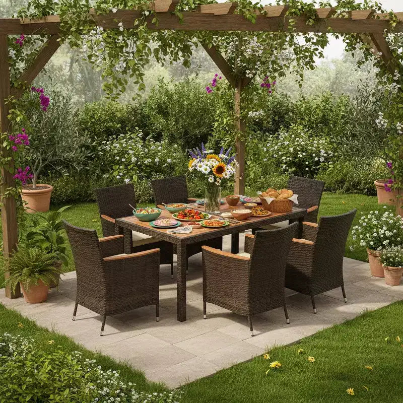 Gymax 7 PCS Patio Wicker Dining Set w/ Outdoor Dining Table 6 Stackable Cushioned Chairs Acacia Wood Armrests & Tabletop Umbrella Hole