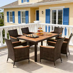 Gymax 7 PCS Patio Wicker Dining Set w/ Outdoor Dining Table 6 Stackable Cushioned Chairs Acacia Wood Armrests & Tabletop Umbrella Hole