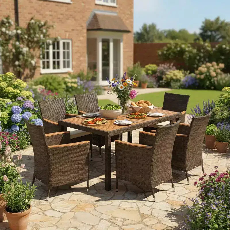 Gymax 7 PCS Patio Wicker Dining Set w/ Outdoor Dining Table 6 Stackable Cushioned Chairs Acacia Wood Armrests & Tabletop Umbrella Hole